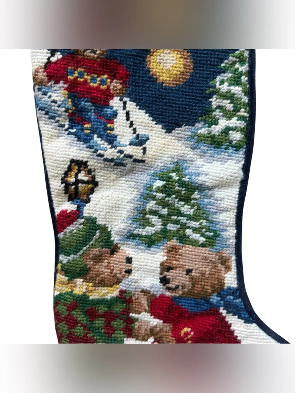 Vintage Wool Needlepoint Dad Teddy Bear Christmas Stocking Ski Lodge Holiday 17”